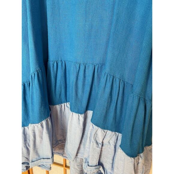 UMGEE Linen Blend Top Blouse Crochet Lace Blue Multicolor Medium - Picture 2 of 5